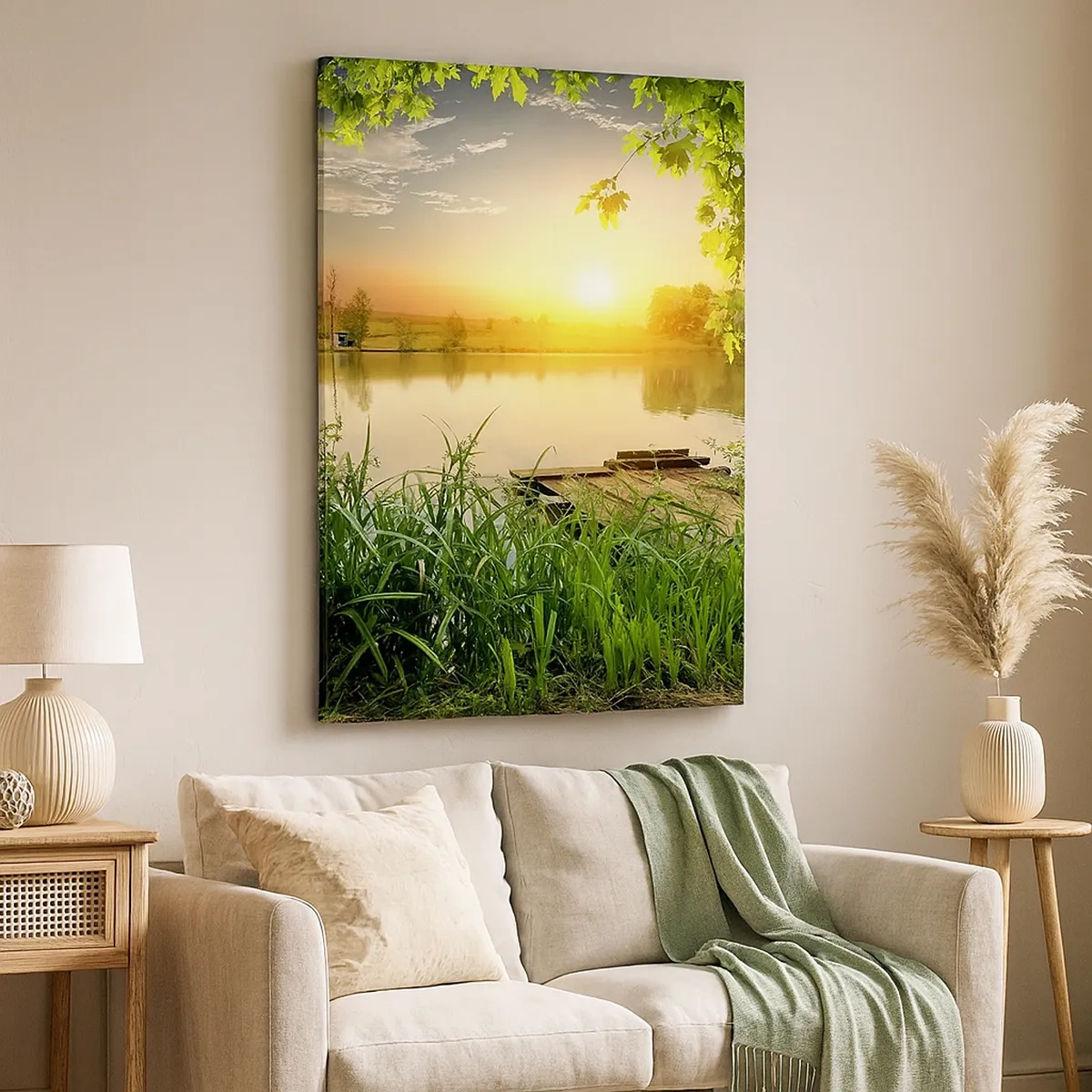 Cuadro sobre lienzo - Impresión de Imagen - Paisaje verde con un lago al atardecer - 50x70cm - Paisaje en un marco verde - Decoración de pared moderna para salón y dormitorio ARTTOR