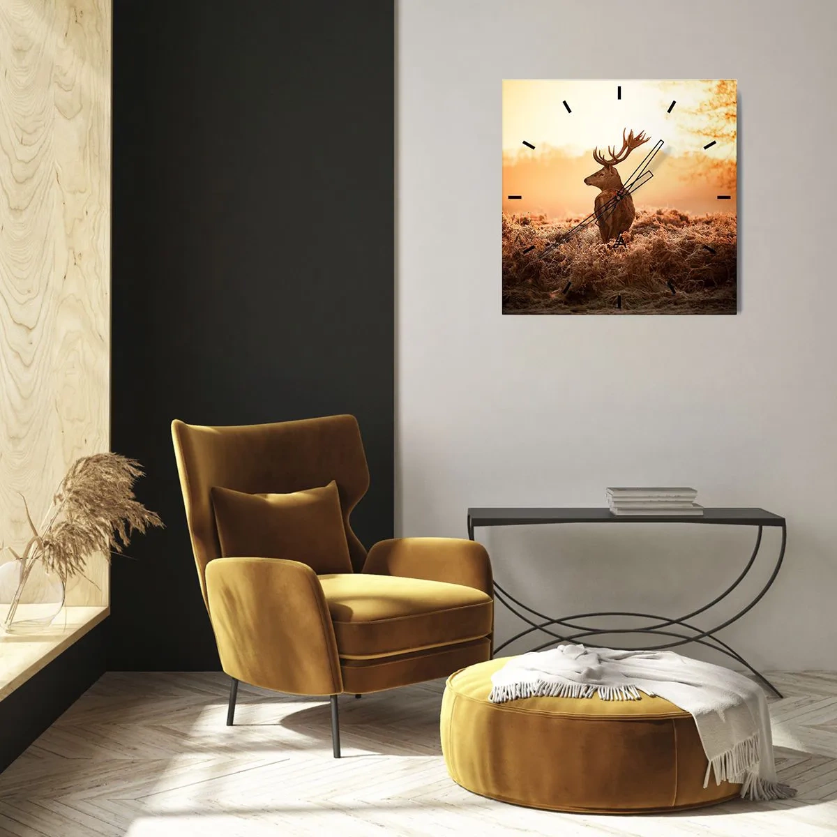 Reloj de pared - Reloj de vidrio - Ciervos bajo los rayos del sol naciente - 30x30cm - Un líder por derecho - Decoración de pared moderna para salón y dormitorio ARTTOR