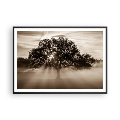 Póster en marco negro - Rayos de sol brillando a través de un árbol solitario. - 100x70cm - Un árbol de buenas noticias - Decoración de pared moderna para salón y dormitorio ARTTOR