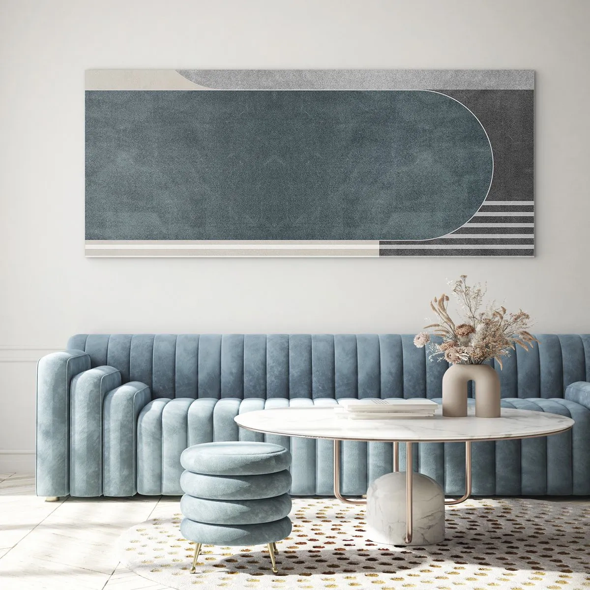 Cuadro sobre vidrio - Impresiones sobre Vidrio - Abstracción geométrica en tonos grises y verdes. - 120x50cm - Composición horizontal - Decoración de pared moderna para salón y dormitorio ARTTOR