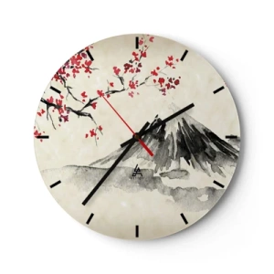 Reloj de pared - Reloj de vidrio - Pintura tradicional japonesa de acuarela de una montaña y flores de cerezo. - 30x30cm - Enamórate de Japón - Decoración de pared moderna para salón, cocina y dormitorio ARTTOR