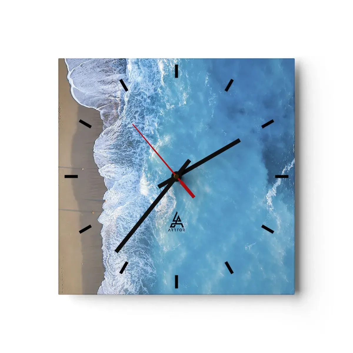 Reloj de pared - Reloj de vidrio - Una vista de pájaro de la playa y las olas del mar. - 30x30cm - El poder del azul - Decoración de pared moderna para salón y dormitorio ARTTOR