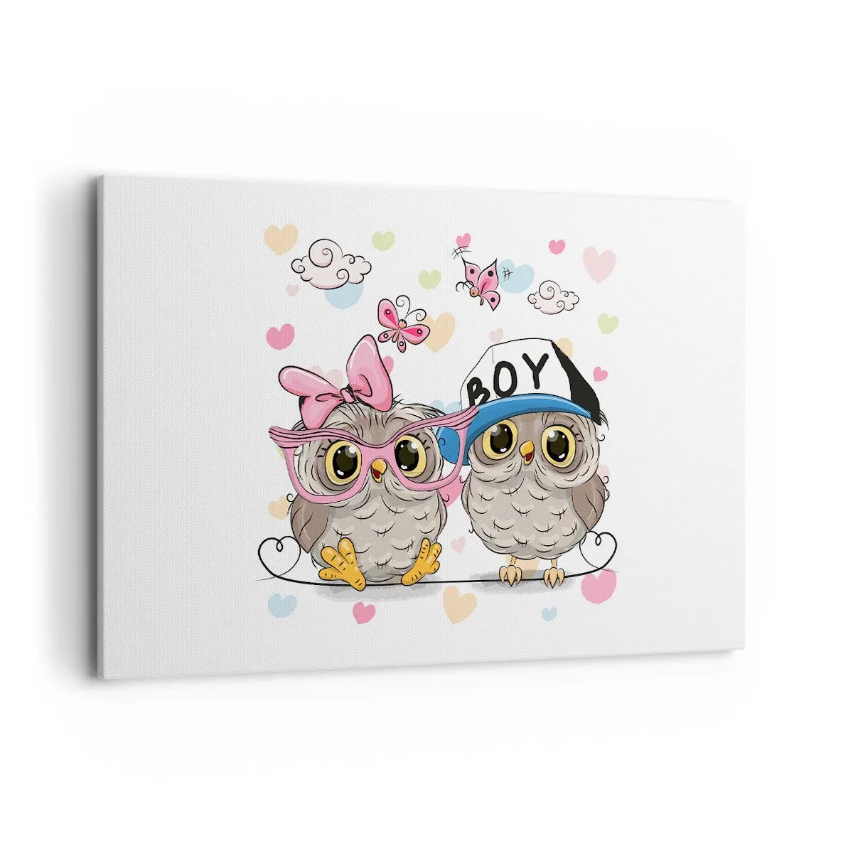 Cuadro sobre lienzo - Impresión de Imagen - Dos adorables búhos rodeados de corazones. - 120x80cm - El amor - Decoración de pared moderna para salón y dormitorio ARTTOR