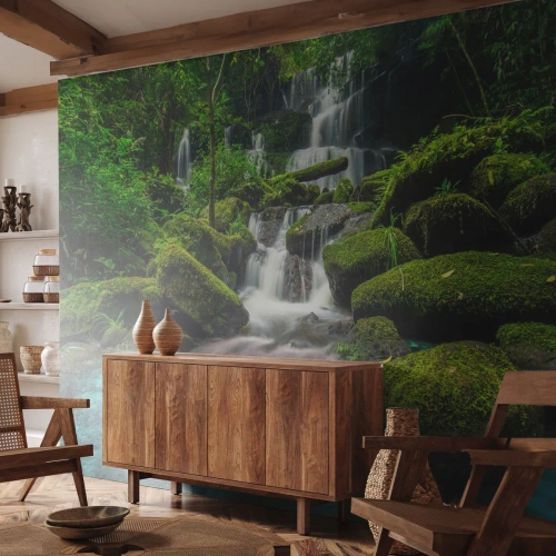 Fotomural Autadhesivo Deluxe Sticker - Turquesa, zafiro y plata líquida - Paisaje, Cascada, Arroyo de montaña - 200x140 cm