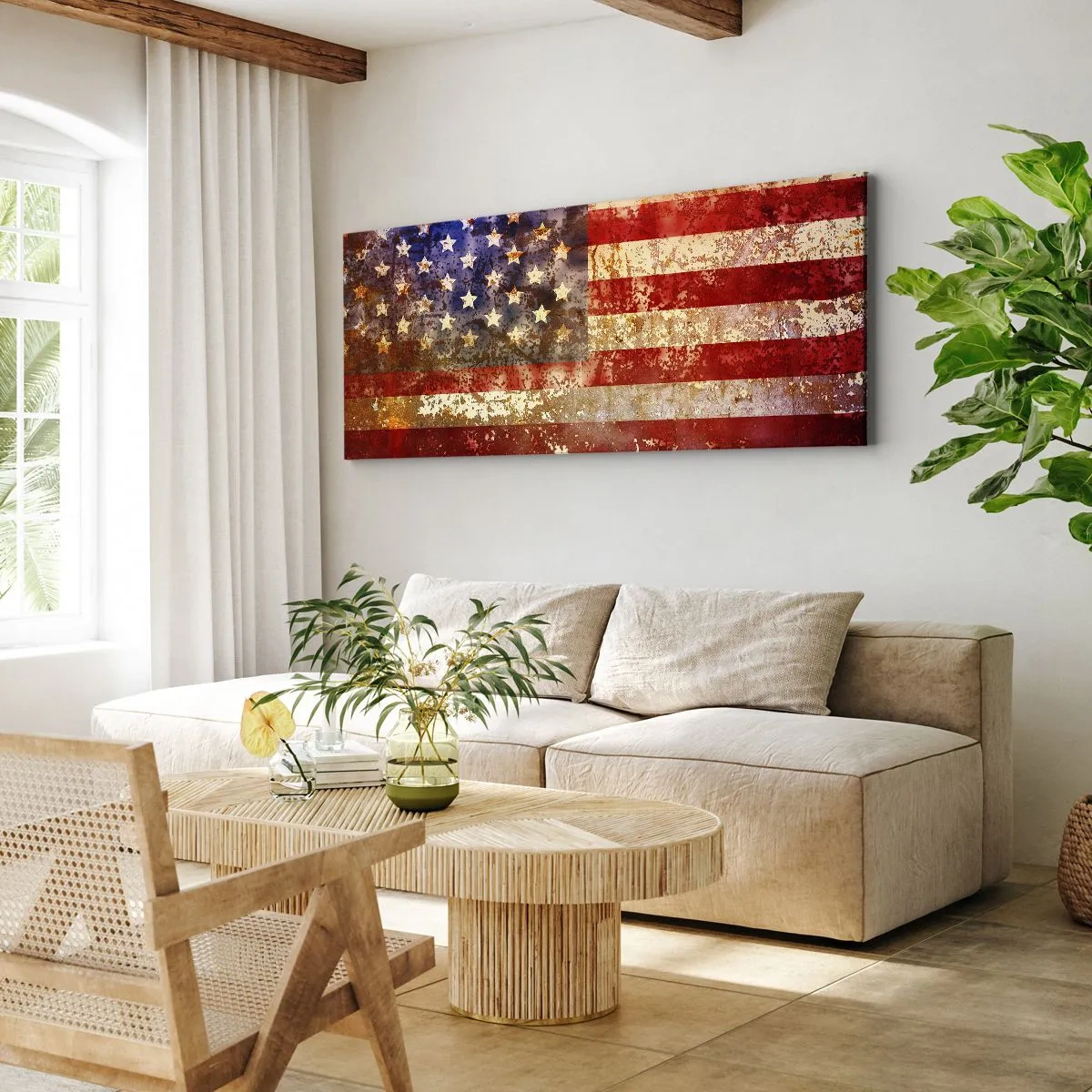 Cuadro sobre lienzo - Impresión de Imagen - Bandera estadounidense estilizada con efecto envejecido - 140x50cm - La gloria no pasa - Decoración de pared moderna para salón y dormitorio ARTTOR