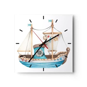 Reloj de pared - Reloj de vidrio - Ilustración de un barco en colores pastel sobre un fondo blanco. - 30x30cm - A la aventura - Decoración de pared moderna para salón y dormitorio ARTTOR