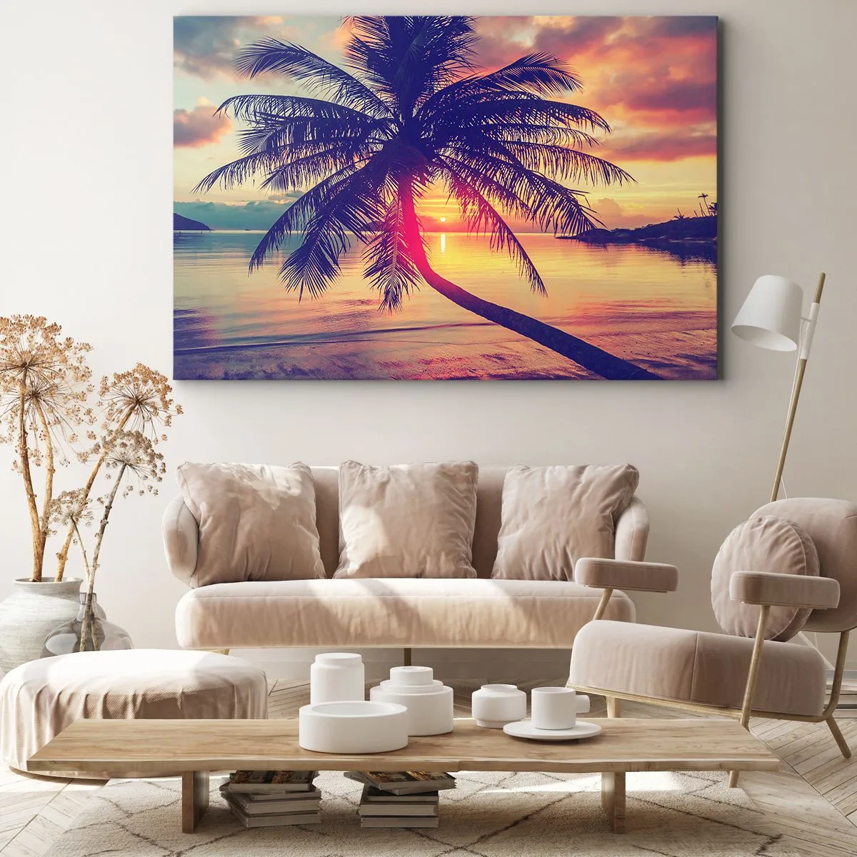 Cuadro sobre lienzo - Impresión de Imagen - Puesta de sol con una palmera sobre una orilla tranquila - 100x70cm - Atardecer bajo las palmeras - Decoración de pared moderna para salón y dormitorio ARTTOR
