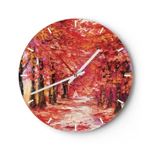 Reloj de pared - Reloj de vidrio - Un callejón otoñal en intensos tonos rojos. - 30x30cm - Una impresión otoñal - Decoración de pared moderna para salón, cocina y dormitorio ARTTOR