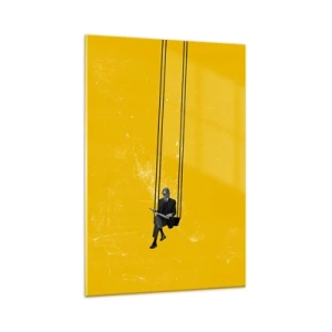Cuadro sobre vidrio - Impresiones sobre Vidrio - Una persona en un columpio sobre un fondo de color amarillo intenso. - 80x120cm - Un día como cualquier otro - Decoración de pared moderna para salón y dormitorio ARTTOR