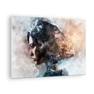 Cuadro sobre vidrio - Impresiones sobre Vidrio - Un perfil de mujer en estilo acuarela con una ciudad al fondo. - 70x50cm - Una historia sobre una niña con una ciudad de fondo - Decoración de pared moderna para salón y dormitorio ARTTOR