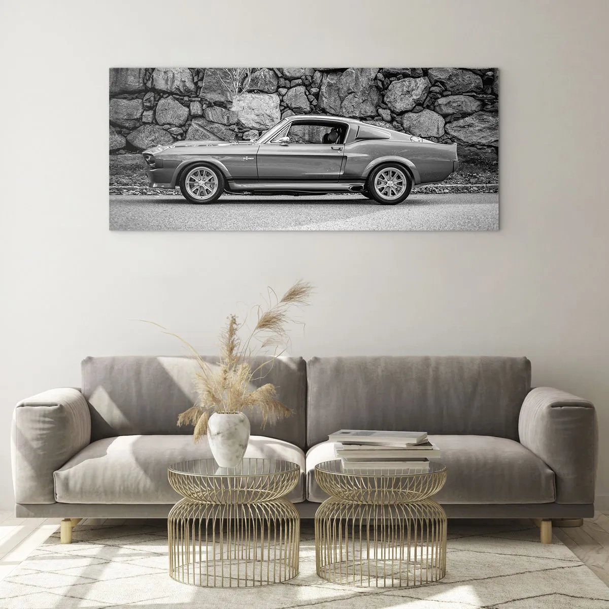 Cuadro sobre vidrio - Impresiones sobre Vidrio - Fotografía en blanco y negro de un coche clásico. - 140x50cm - Una leyenda de los años 60 - Decoración de pared moderna para salón y dormitorio ARTTOR