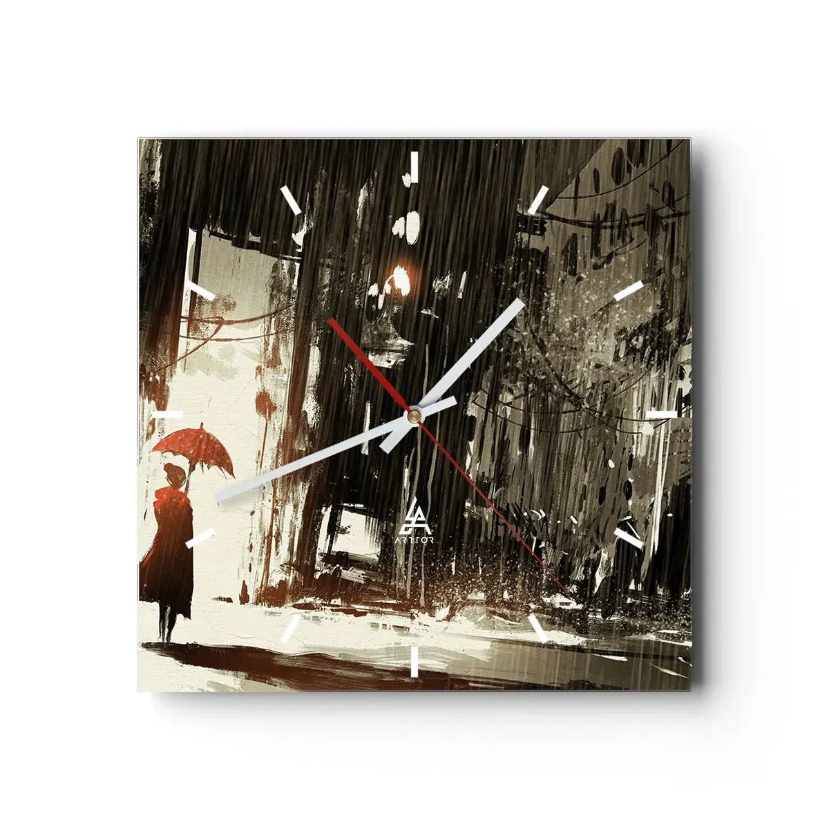 Reloj de pared - Reloj de vidrio - Una figura roja con un paraguas en una escena lluviosa. - 30x30cm - Poesía de un paraguas rojo - Decoración de pared moderna para salón y dormitorio ARTTOR