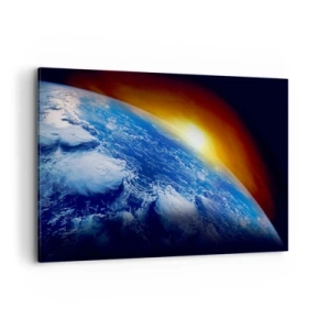 Cuadro sobre lienzo - Impresión de Imagen - Vista de la Tierra desde el espacio al atardecer - 120x80cm - Amanecer en un planeta azul - Decoración de pared moderna para salón y dormitorio ARTTOR