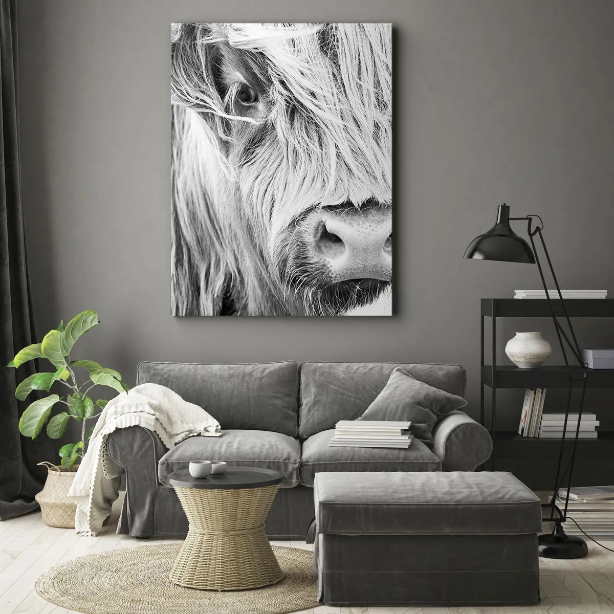 Cuadro sobre lienzo - Impresión de Imagen - Retrato de una vaca escocesa en blanco y negro - 70x100cm - La naturaleza escocesa - Decoración de pared moderna para salón y dormitorio ARTTOR