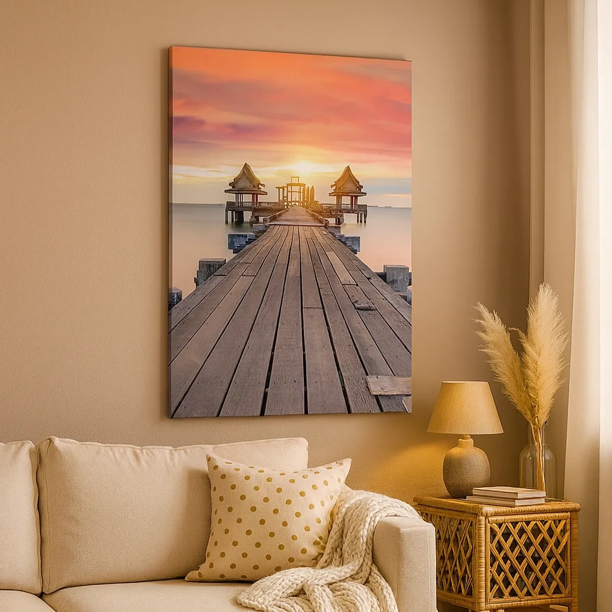 Cuadro sobre lienzo - Impresión de Imagen - Muelle de madera que conduce a los miradores al atardecer - 50x70cm - De este a oeste - Decoración de pared moderna para salón y dormitorio ARTTOR