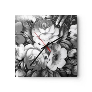 Reloj de pared - Reloj de vidrio - Flores en blanco y negro en una composición clásica y elegante. - 30x30cm - Hermoso incluso en el gris - Decoración de pared moderna para salón y dormitorio ARTTOR