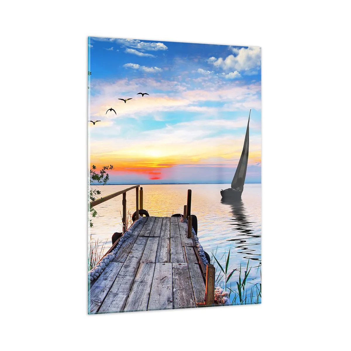 Cuadro sobre vidrio - Impresiones sobre Vidrio - Un embarcadero junto al lago al atardecer con un velero al fondo - 50x70cm - Que llegue la noche - Decoración de pared moderna para salón y dormitorio ARTTOR
