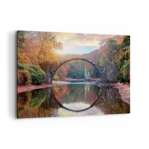 Cuadro sobre lienzo - Impresión de Imagen - Un puente de piedra en un paisaje otoñal sobre aguas tranquilas. - 100x70cm - Al otro lado del espejo - Decoración de pared moderna para salón y dormitorio ARTTOR