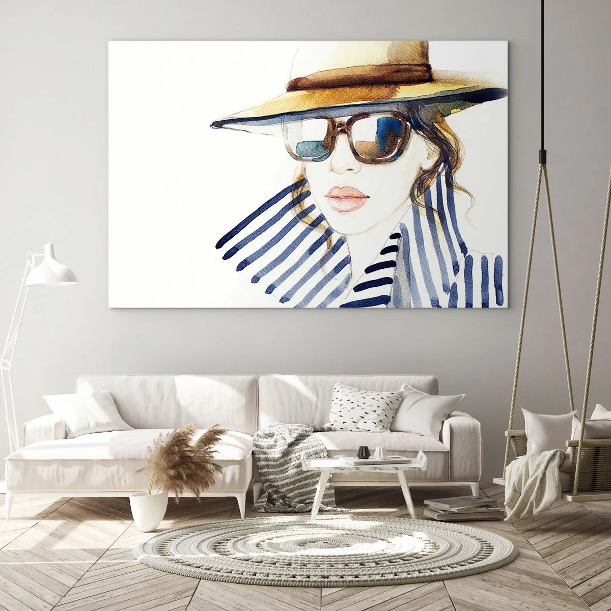 Cuadro sobre vidrio - Impresiones sobre Vidrio - Mujer elegante con sombrero y gafas en estilo acuarela. - 100x70cm - ¡Florida le da la bienvenida! - Decoración de pared moderna para salón y dormitorio ARTTOR