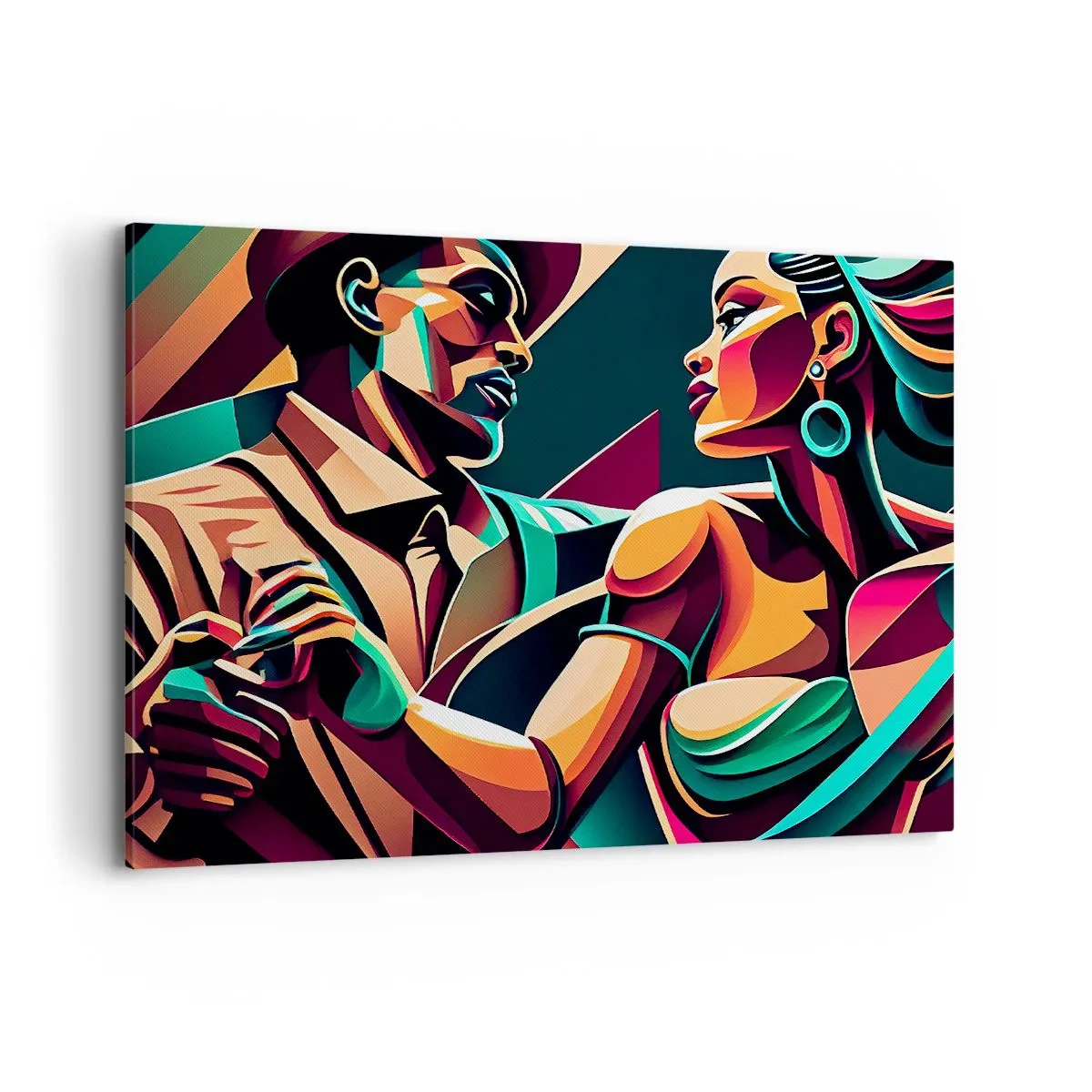 Cuadro sobre lienzo - Impresión de Imagen - Una pareja estilizada bailando en colores vibrantes y geométricos. - 120x80cm - Al ritmo del corazón - Decoración de pared moderna para salón y dormitorio ARTTOR