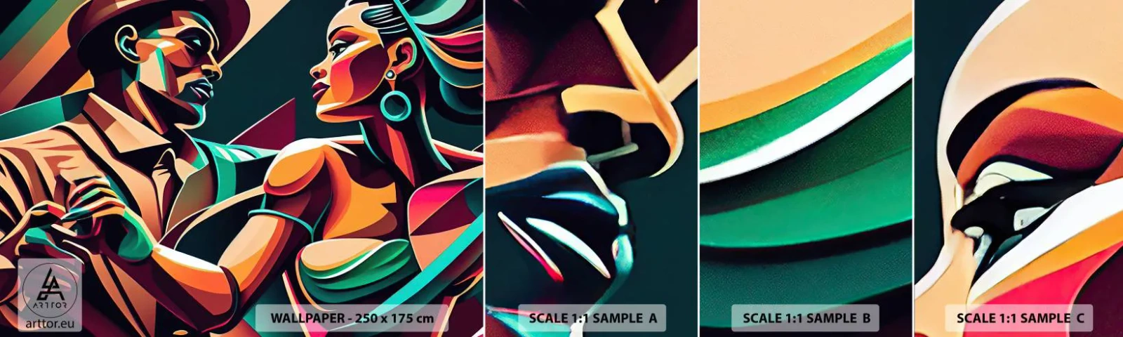 Muestra de fotomural autoadhesivo Deluxe Sticker - Al ritmo del corazón - Cubismo, Pareja, Bailar - 100x30 cm