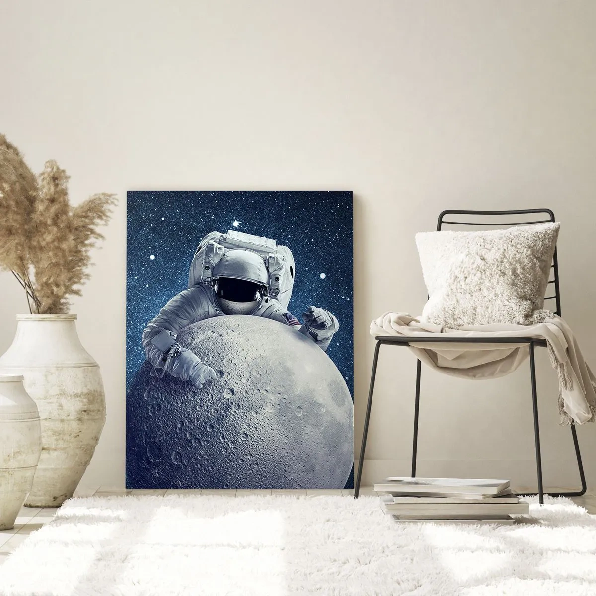 Cuadro sobre vidrio - Impresiones sobre Vidrio - Astronauta sosteniendo la luna contra un cielo estrellado - 70x100cm - Bromista espacial - Decoración de pared moderna para salón y dormitorio ARTTOR