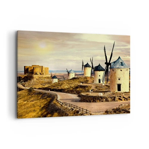 Cuadro sobre lienzo - Impresión de Imagen - Molinos de viento en las colinas con un castillo histórico al fondo - 100x70cm - Don Quijote los vio - Decoración de pared moderna para salón y dormitorio ARTTOR