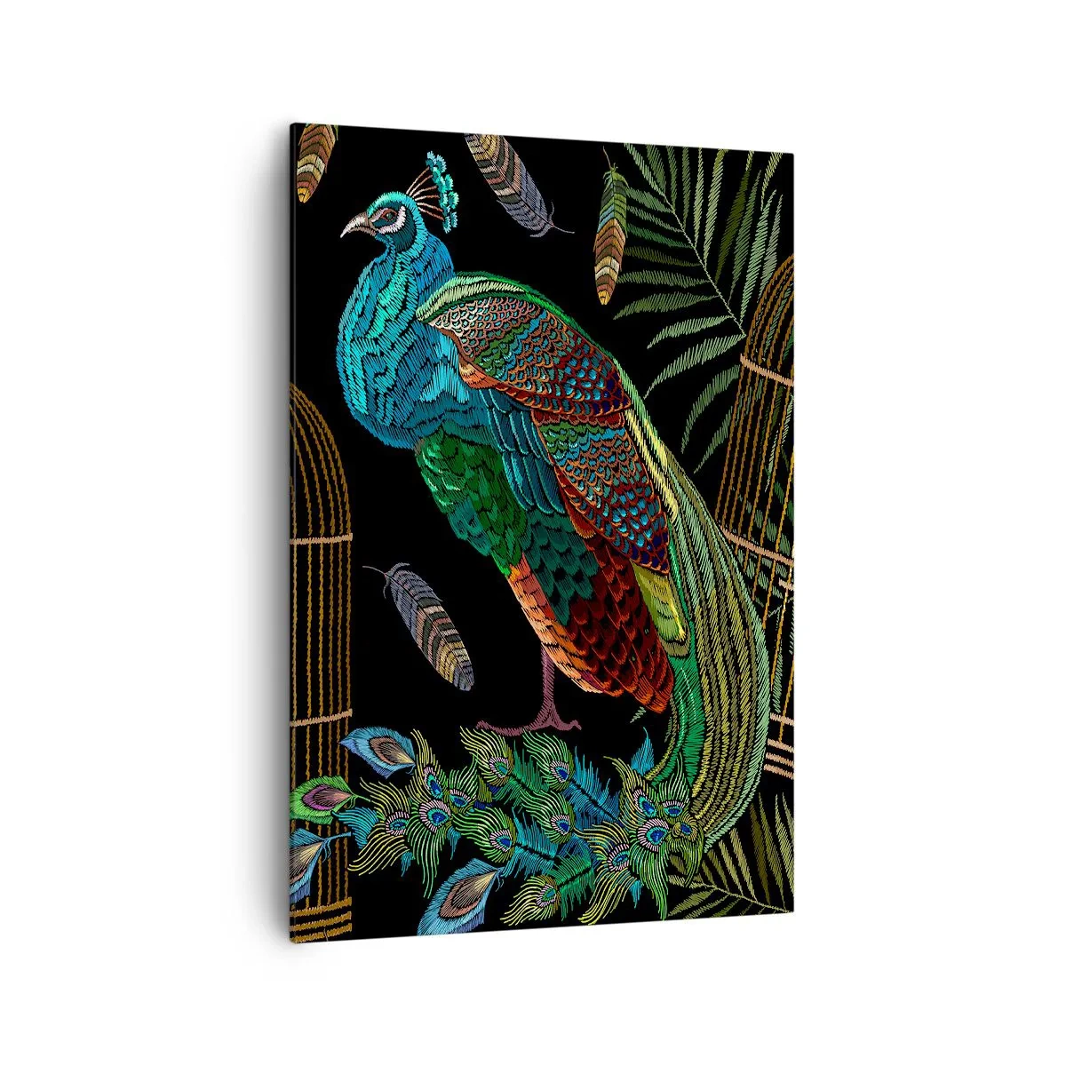 Cuadro sobre lienzo - Impresión de Imagen - Pavos reales junto a una jaula dorada sobre un fondo negro - 70x100cm - Con plumajes reales - Decoración de pared moderna para salón y dormitorio ARTTOR