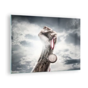 Cuadro sobre vidrio - Impresiones sobre Vidrio - Una mano sosteniendo una medalla sobre un fondo de nubes. - 70x50cm - Per aspera ad astra - Decoración de pared moderna para salón y dormitorio ARTTOR