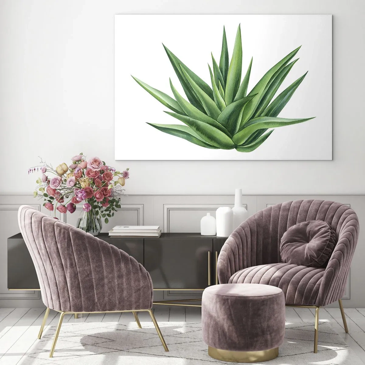 Cuadro sobre vidrio - Impresiones sobre Vidrio - Una planta verde con hojas carnosas sobre un fondo blanco. - 120x80cm - Verde - fuerza - vida - Decoración de pared moderna para salón y dormitorio ARTTOR