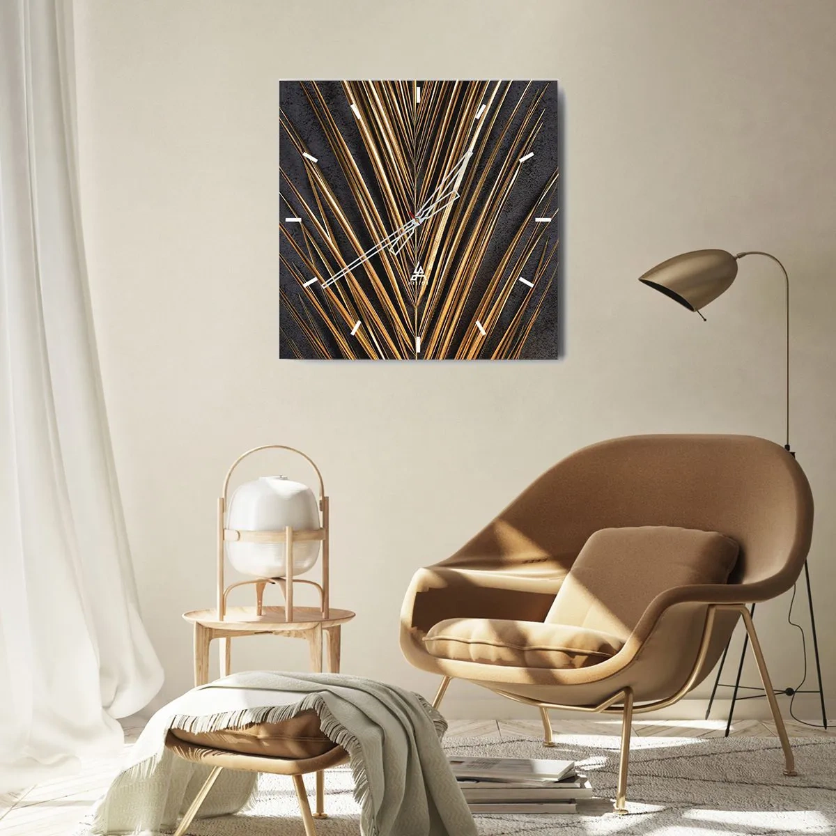 Reloj de pared - Reloj de vidrio - Hoja tropical dorada sobre fondo negro - 30x30cm - El oro de los trópicos - Decoración de pared moderna para salón y dormitorio ARTTOR