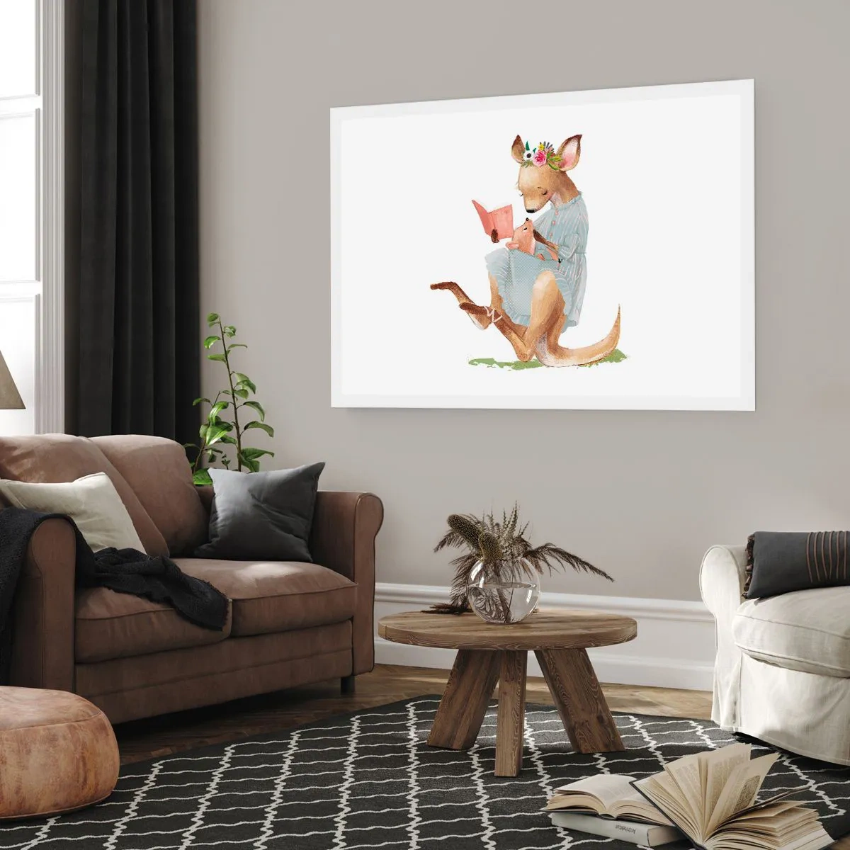 Póster - Kanga leyendo un libro con un bebé - 100x70cm - Léeme un cuento, mamá - Decoración de pared moderna para salón y dormitorio ARTTOR