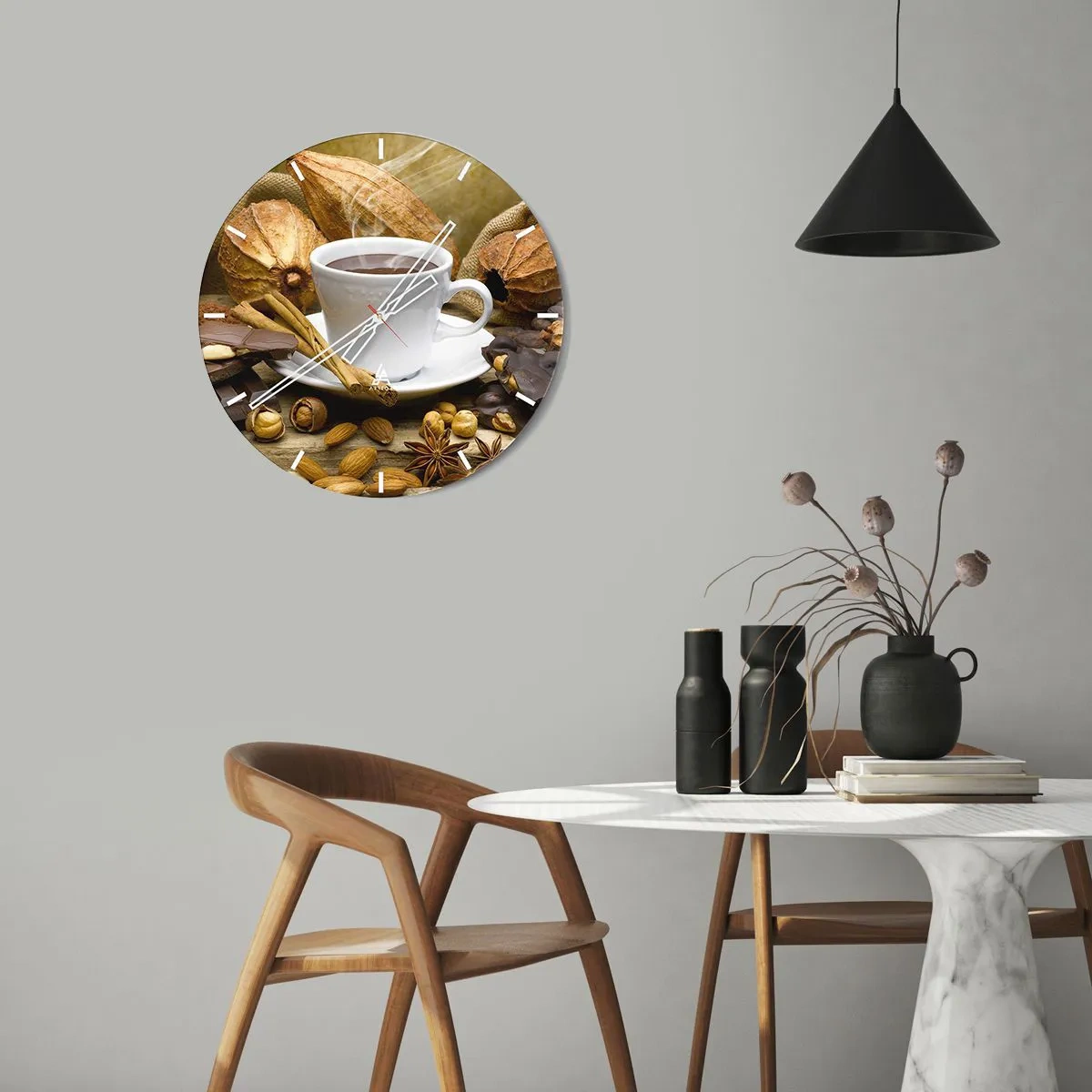 Reloj de pared - Reloj de vidrio - Una taza de chocolate caliente con especias y granos de cacao. - 30x30cm - Para los que buscan emociones - Decoración de pared moderna para salón, cocina y dormitorio ARTTOR