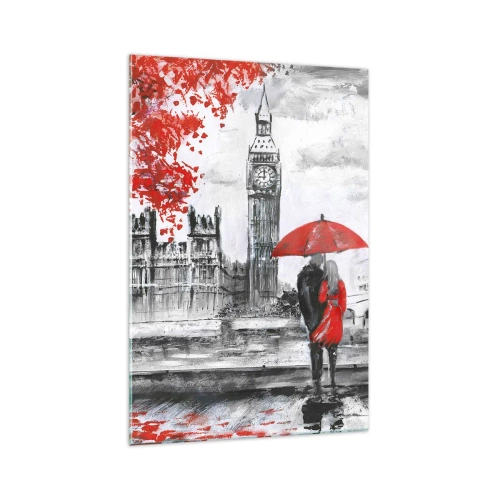 Cuadro sobre vidrio - Impresiones sobre Vidrio - Escena romántica con el Big Ben y un paraguas rojo. - 70x100cm - Londres enamora - Decoración de pared moderna para salón y dormitorio ARTTOR