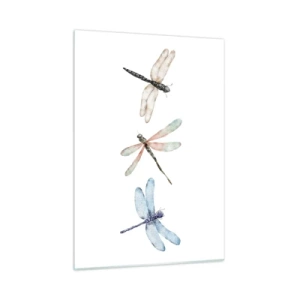 Cuadro sobre vidrio - Impresiones sobre Vidrio - Tres libélulas coloridas sobre un fondo blanco en un delicado estilo de acuarela. - 50x70cm - Libélulas ingrávidas - Decoración de pared moderna para salón y dormitorio ARTTOR