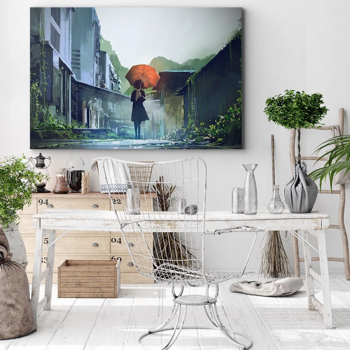 Cuadro sobre lienzo - Impresión de Imagen - Una figura con un paraguas en una ciudad lluviosa. - 70x50cm - Una lluvia revitalizante - Decoración de pared moderna para salón y dormitorio ARTTOR