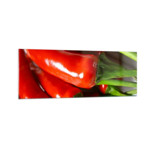 Cuadro sobre vidrio - Impresiones sobre Vidrio - Primer plano de chiles rojos con tallos verdes - 140x50cm - Jugoso, brillante, suave - Decoración de pared moderna para salón y dormitorio ARTTOR