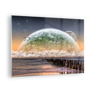 Cuadro sobre vidrio - Impresiones sobre Vidrio - Puesta de sol sobre el planeta y el océano. - 70x50cm - Y el mundo emergió del agua - Decoración de pared moderna para salón y dormitorio ARTTOR