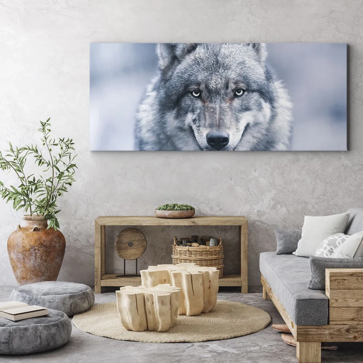 Cuadro sobre lienzo - Impresión de Imagen - Un lobo con una mirada intensa en un paisaje invernal. - 140x50cm - ¿Aceptarás el reto? - Decoración de pared moderna para salón y dormitorio ARTTOR