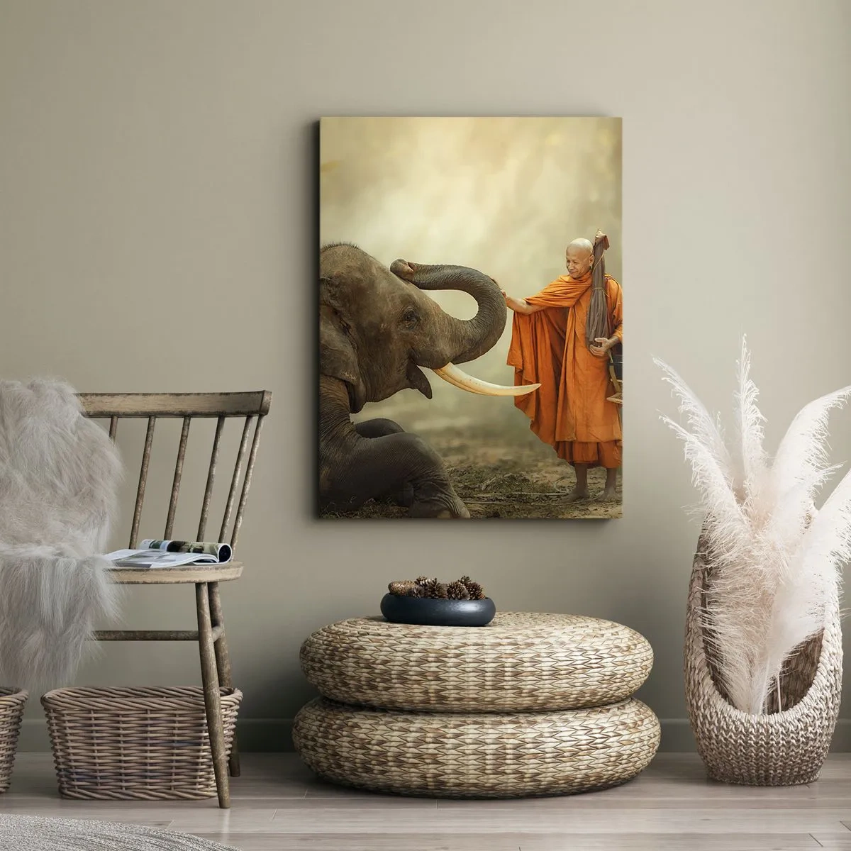 Cuadro sobre lienzo - Impresión de Imagen - Un monje y un elefante en armonía con la naturaleza como telón de fondo. - 50x70cm - Un encuentro en un viaje - Decoración de pared moderna para salón y dormitorio ARTTOR