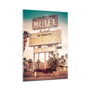 Cuadro sobre vidrio - Impresiones sobre Vidrio - Un antiguo letrero de motel rodeado de palmeras crea un ambiente retro. - 50x70cm - El tiempo se detuvo - Decoración de pared moderna para salón y dormitorio ARTTOR