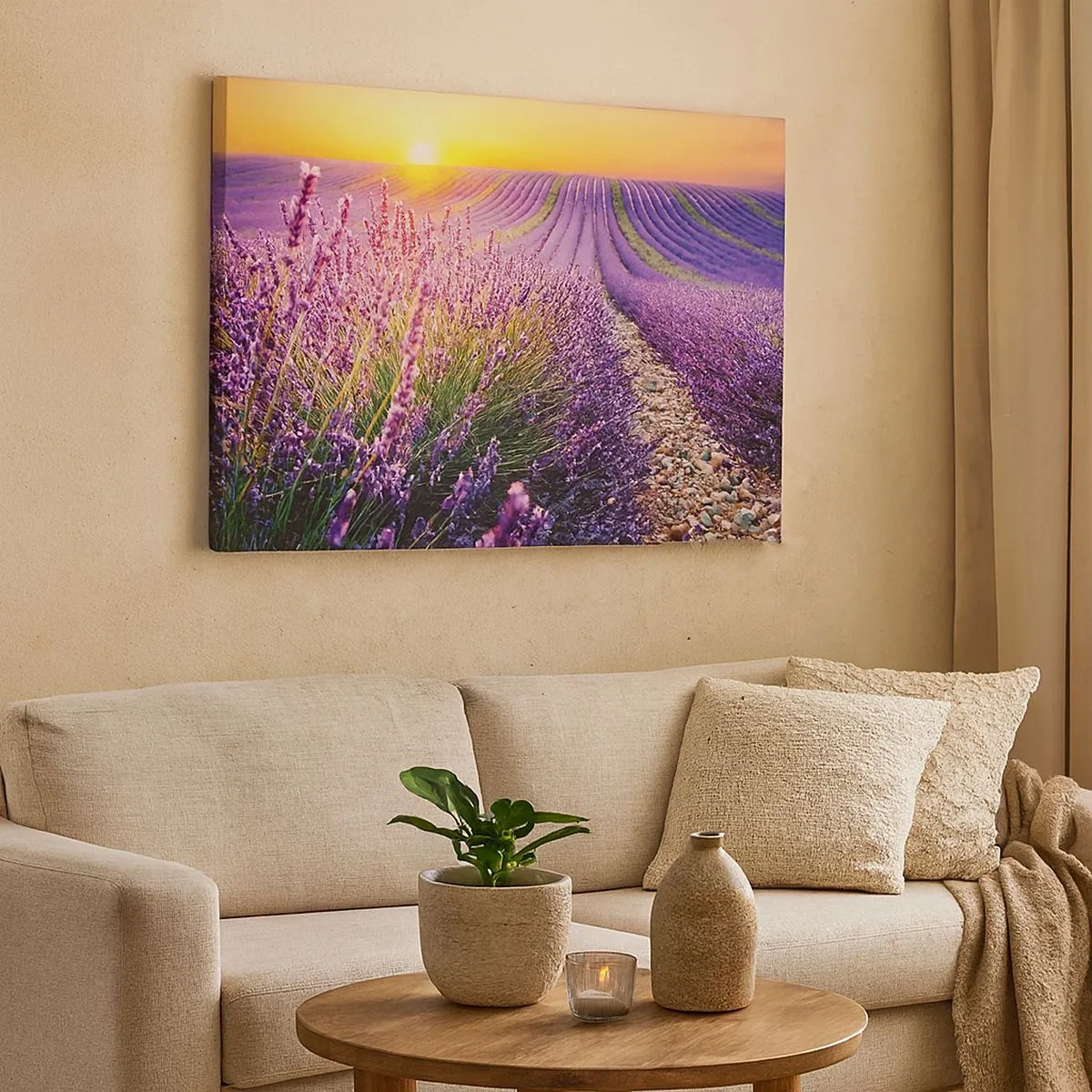 Cuadro sobre lienzo - Impresión de Imagen - Campo de lavanda al atardecer - 70x50cm - Pradera fragante - Decoración de pared moderna para salón y dormitorio ARTTOR