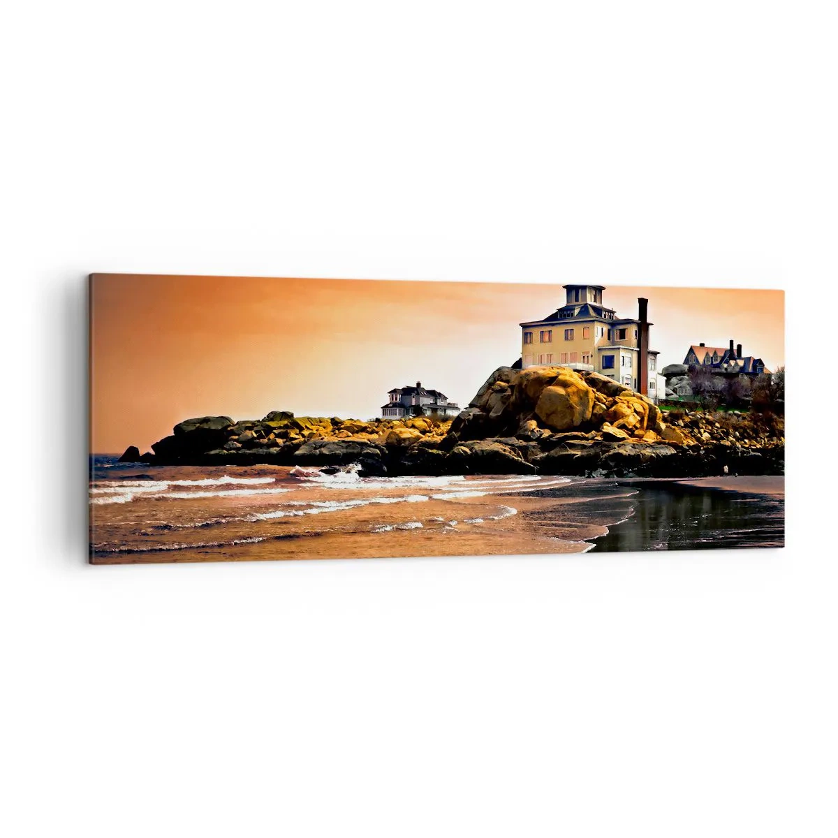 Cuadro sobre lienzo - Impresión de Imagen - Una casa sobre una roca junto a la playa al atardecer con su reflejo en el agua. - 140x50cm - La elegancia de la costa oeste - Decoración de pared moderna para salón y dormitorio ARTTOR