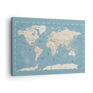 Cuadro sobre lienzo - Impresión de Imagen - Mapa del mundo decorativo en tonos azules y beige - 70x50cm - Un mundo al alcance de la mano - Decoración de pared moderna para salón y dormitorio ARTTOR