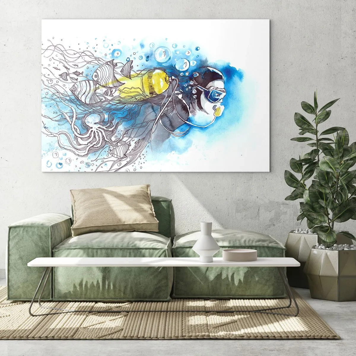 Cuadro sobre vidrio - Impresiones sobre Vidrio - Buceador bajo el agua con peces en acuarela artística. - 70x50cm - Sumergirse en lo desconocido - Decoración de pared moderna para salón y dormitorio ARTTOR