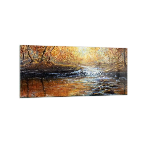 Cuadro sobre vidrio - Impresiones sobre Vidrio - Paisaje otoñal con un río entre los árboles. - 120x50cm - Arroyo de oro - Decoración de pared moderna para salón y dormitorio ARTTOR