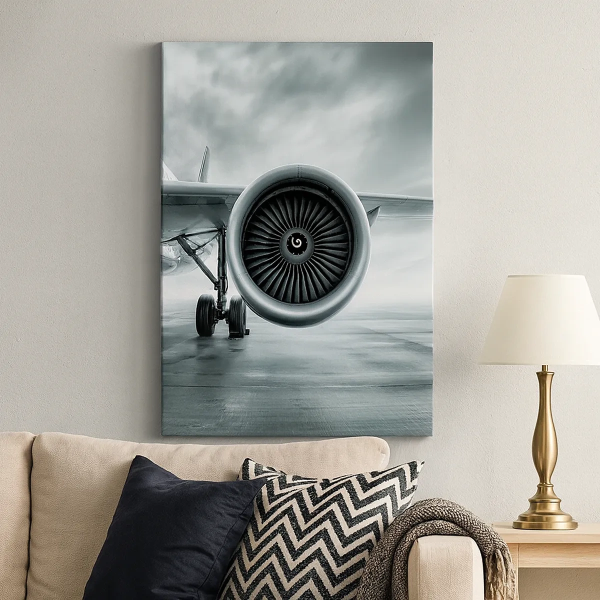 Cuadro sobre lienzo - Impresión de Imagen - El motor a reacción de un avión en la pista - 50x70cm - Hay poder - Decoración de pared moderna para salón y dormitorio ARTTOR