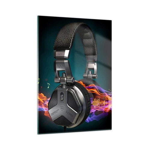 Cuadro sobre vidrio - Impresiones sobre Vidrio - Auriculares de DJ con ondas de sonido coloridas y notas musicales. - 50x70cm - En el fuego de la música - Decoración de pared moderna para salón y dormitorio ARTTOR