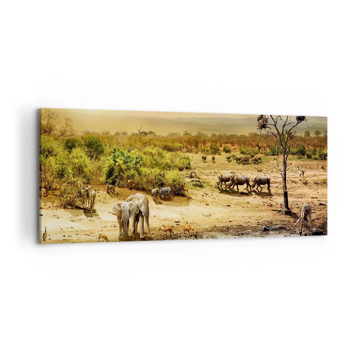 Cuadro sobre lienzo - Impresión de Imagen - Elefantes y animales salvajes en un abrevadero al atardecer - 120x50cm - Y del Edén fluyó un río... - Decoración de pared moderna para salón y dormitorio ARTTOR