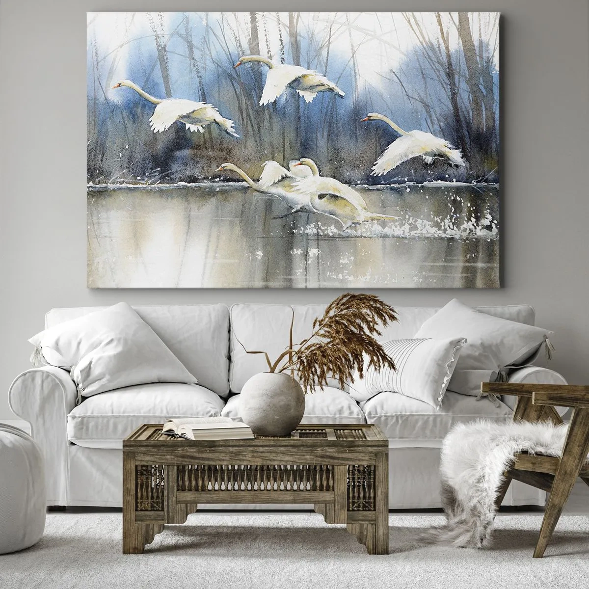 Cuadro sobre lienzo - Impresión de Imagen - Cisnes en vuelo sobre un lago congelado en un paisaje invernal - 120x80cm - Como en un cuento de cisnes salvajes - Decoración de pared moderna para salón y dormitorio ARTTOR